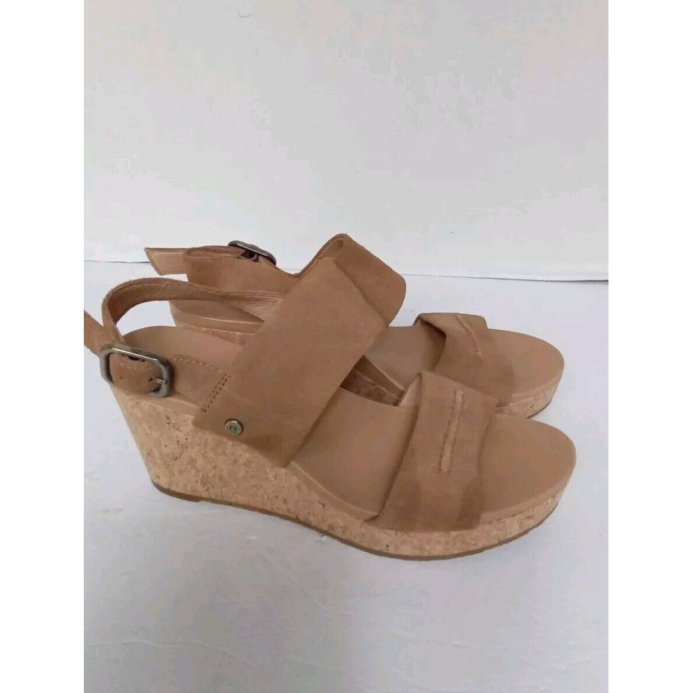 Wedge Sandals Suede Leather Ankle Strap Cork Platform Tan‎ Size 8